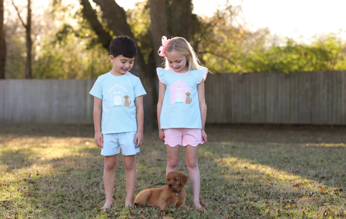 Dog house applique boy set
