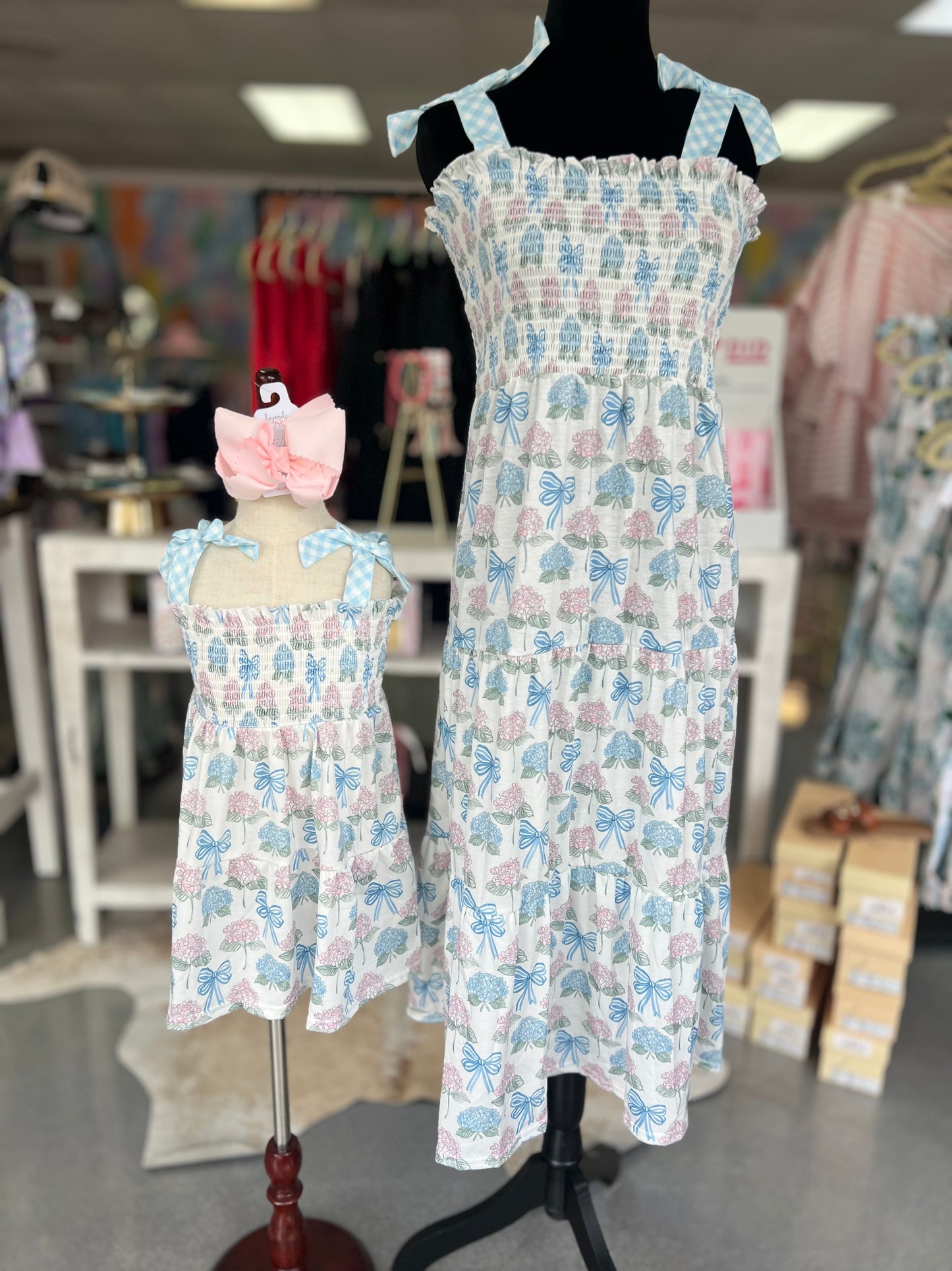 blue hydrangea bow dress