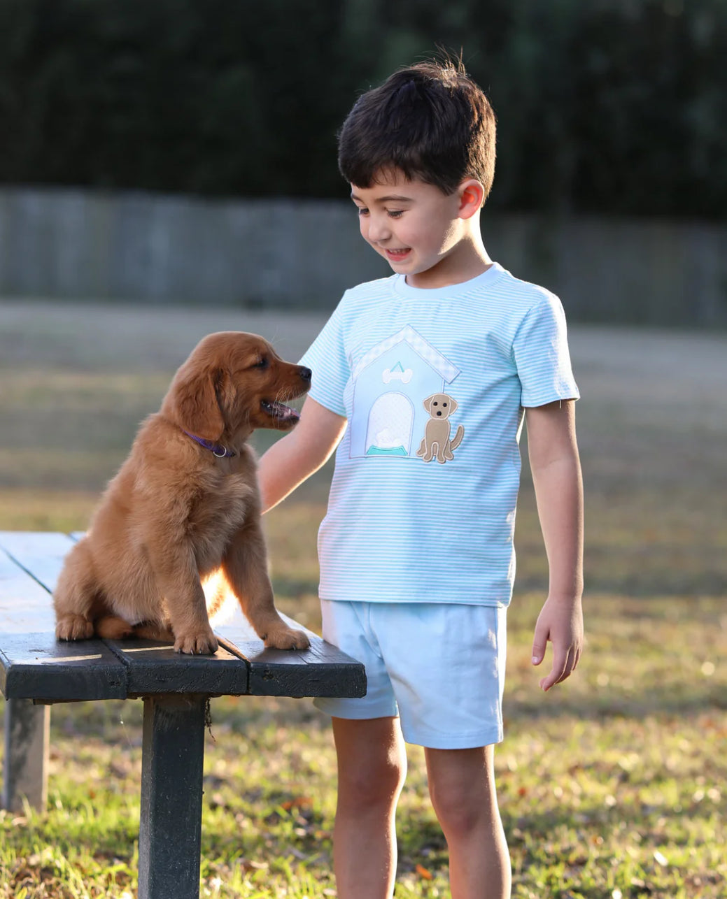 Dog house applique boy set