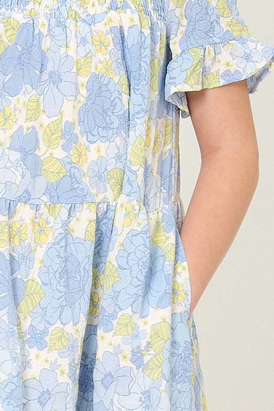 Blue floral square neck dress