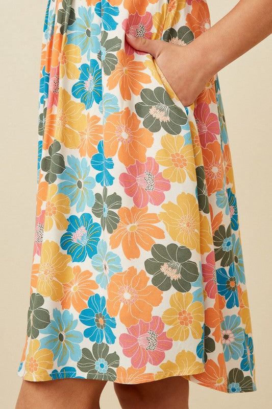 Floral square neck tie sleeve dress
