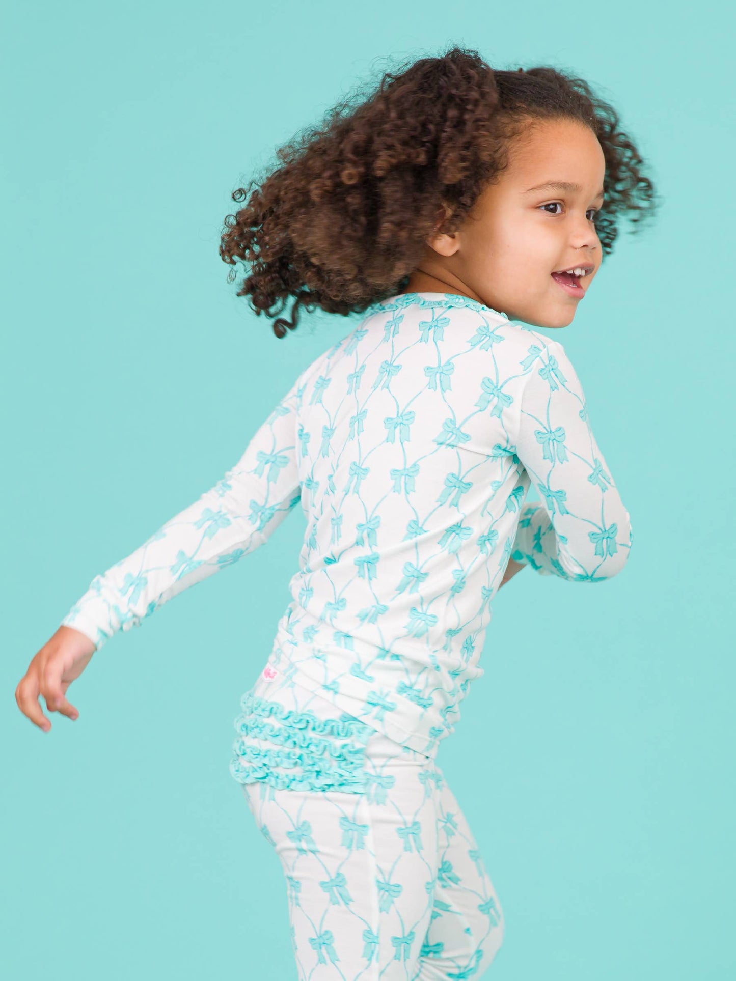 Toddler Girls Teal Fairytale Bows Bamboo Viscose Ruffle Long Sleeve Pajama Set