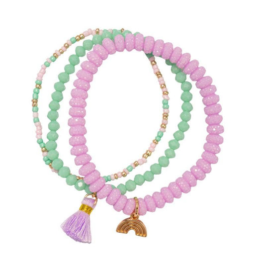 Kids Set of 3 Lavender & Mint Bracelet with Rainbow Charm