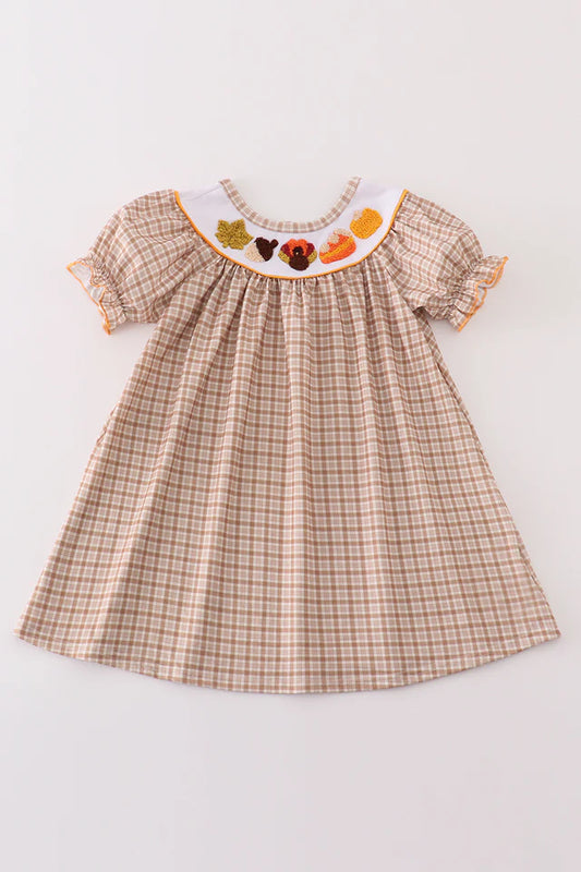 Brown plaid turkey french knot dress