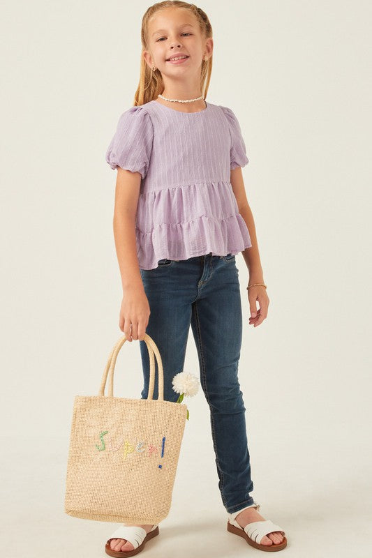 Girls Textured Stripe Puff Sleeve Tiered Top