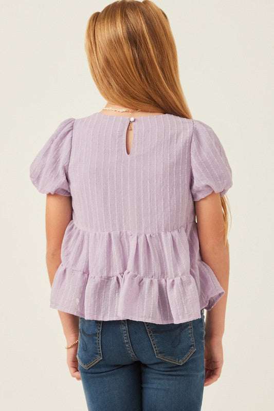 Girls Textured Stripe Puff Sleeve Tiered Top