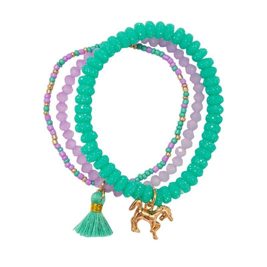 Kids Set of 3 Teal & Lavender Beaded Bracelet with Unicorn