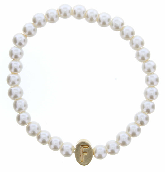 Kids Gold "F" Initial on Pearl Strand Bracelet