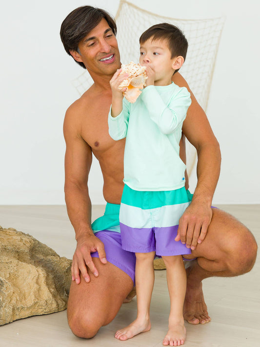 Boys Green Purple Colorblock Swim Trunks