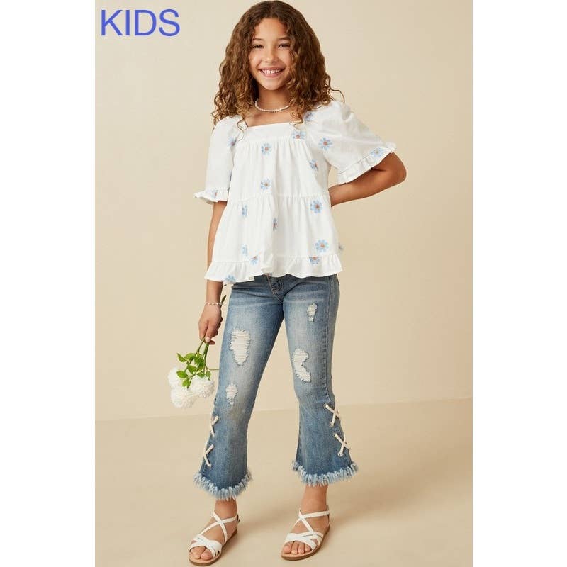 Girls All Over Daisy Embroidered Square Neck Top