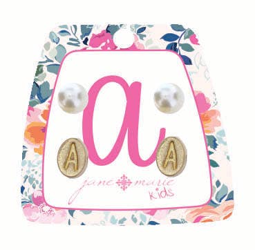 Kids Gold "A" Initial with Pearl Stud Earring