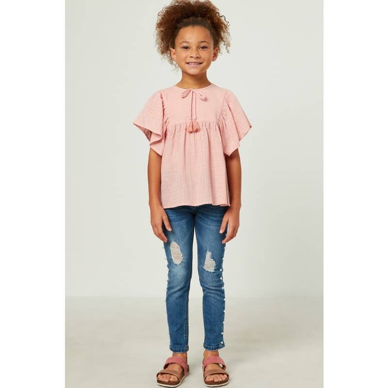 Girls Flutter Sleeve Tassel Detail Textured Top