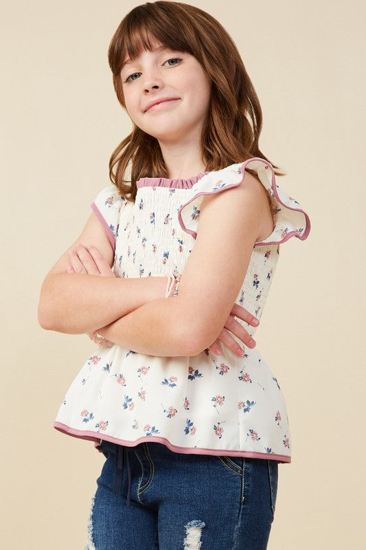 Girls Contrast Piped Smocked Ditsy Floral Top