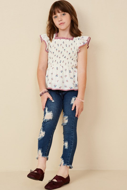 Girls Contrast Piped Smocked Ditsy Floral Top
