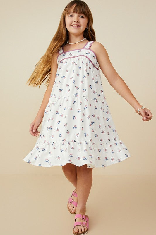 Girls Contrast Piped Ditsy Floral Tank Dress