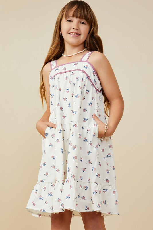 Girls Contrast Piped Ditsy Floral Tank Dress
