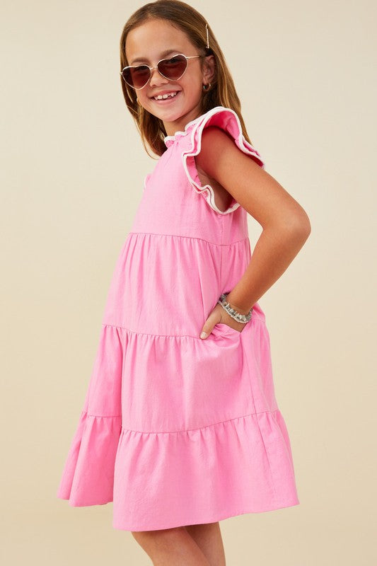 Girls Contrast Piped Ruffle Detail Dress