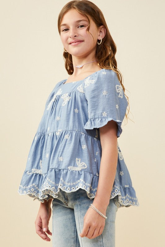 Girls Bow Embroidered Scallop Hem Peplum Top
