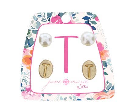 Kids Gold "T" Initial with Pearl Stud Earring