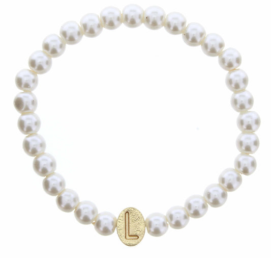 Kids Gold "L" Initial on Pearl Strand Bracelet