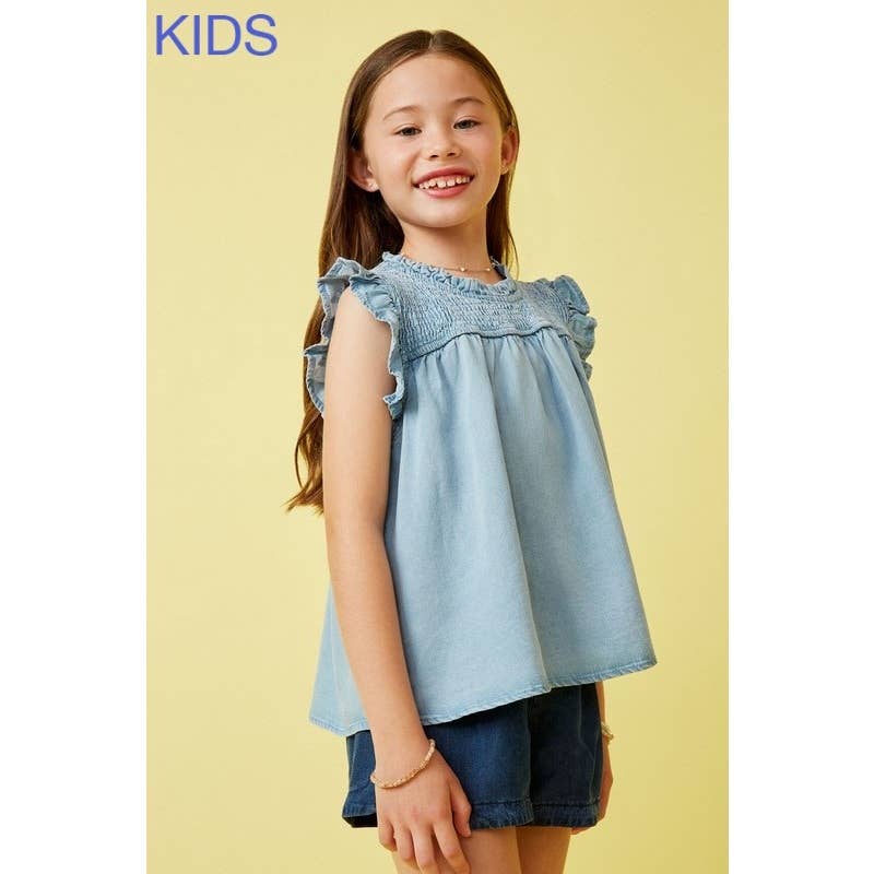 Girls Ruffle Detailed Smocked Denim Tencel Tank