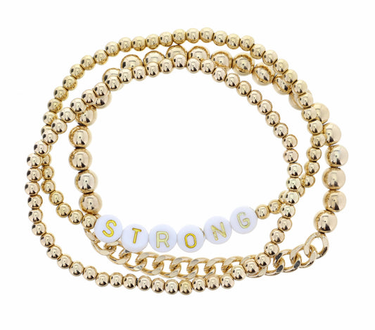 Set of 3, "Strong" Gold Beaded Bracelet