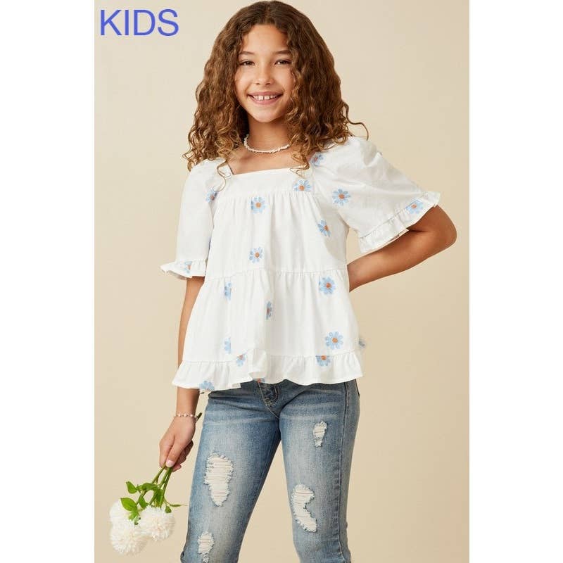 Girls All Over Daisy Embroidered Square Neck Top