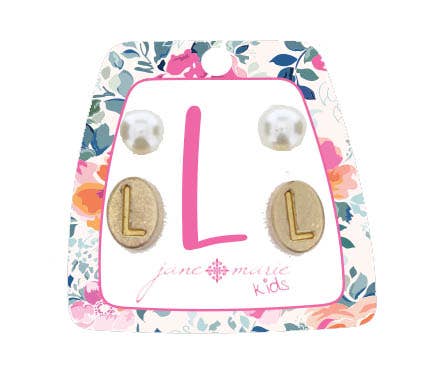 Kids Gold "L" Initial with Pearl Stud Earring