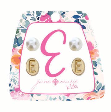 Kids Gold "E" Initial with Pearl Stud Earring