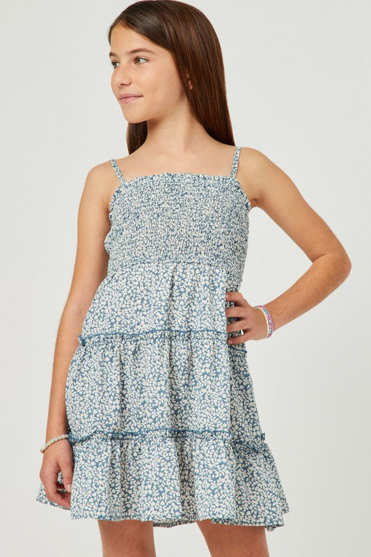 Blue floral smocked tiered dress