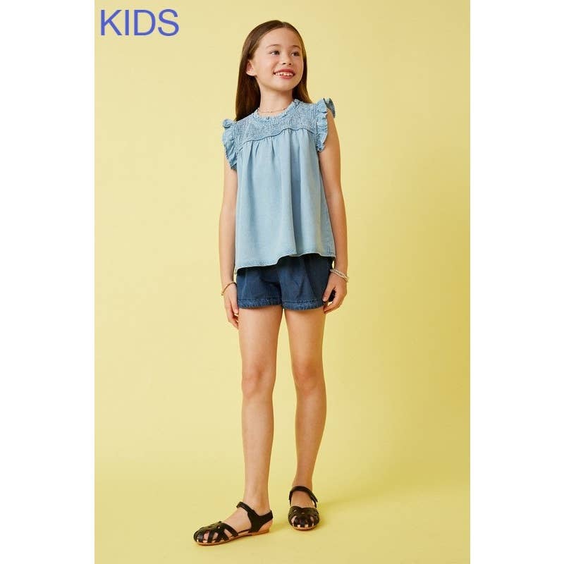 Girls Ruffle Detailed Smocked Denim Tencel Tank