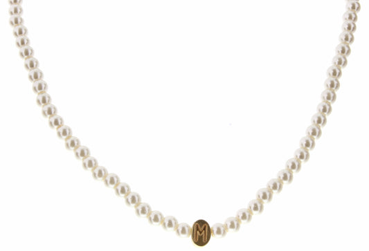 Kids 14" Gold "M" Initial on Pearl Strand Necklace, 3" Ext.