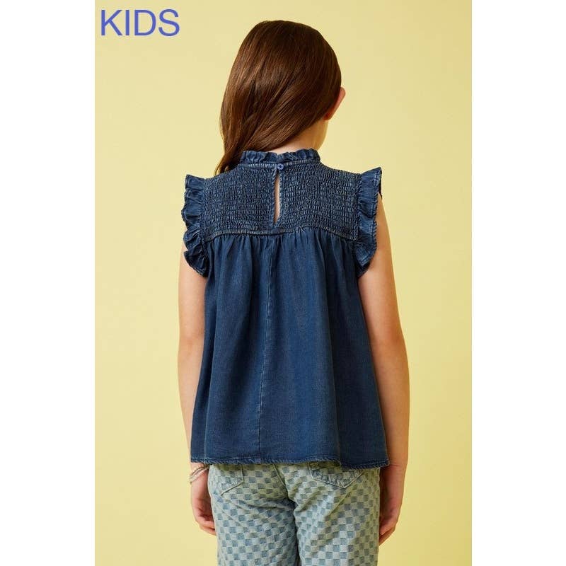 Girls Ruffle Detailed Smocked Denim Tencel Tank