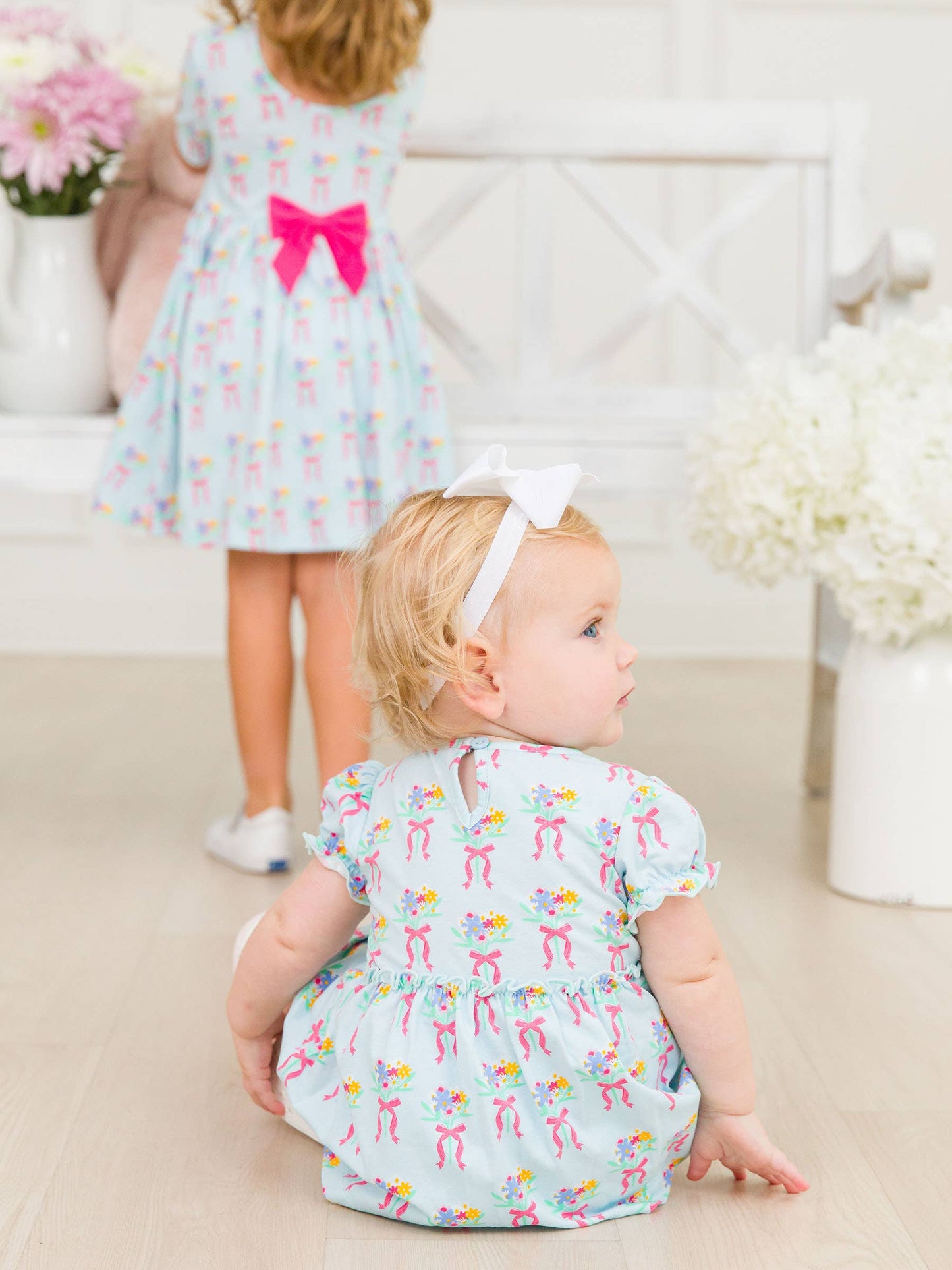 Baby Girls Bows and Bouquets Knit Puff Sleeve Skirted Romper