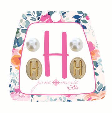 Kids Gold "H" Initial with Pearl Stud Earring