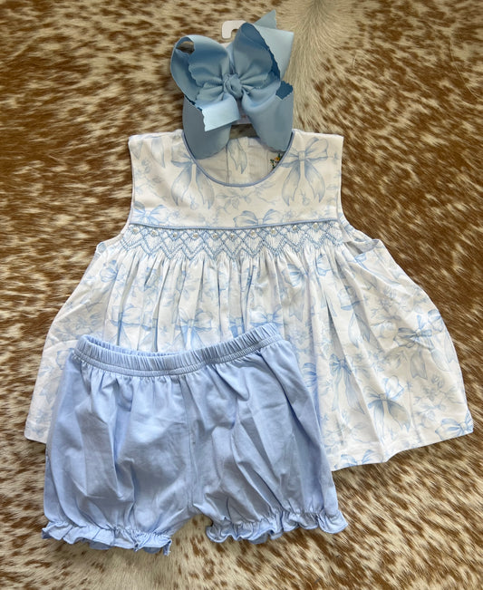 Blue smocked pearl bloomer set