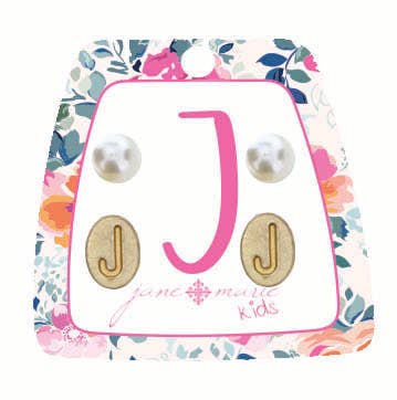 Kids Gold "J" Initial with Pearl Stud Earring