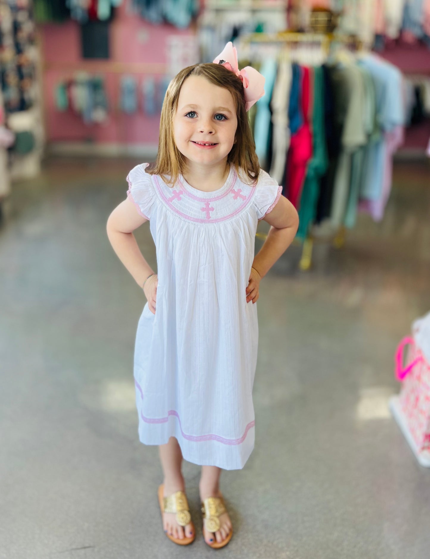 White and Pink Cross Smocked Bishop Dress