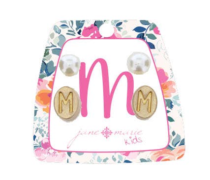 Kids Gold "M" Initial with Pearl Stud Earring