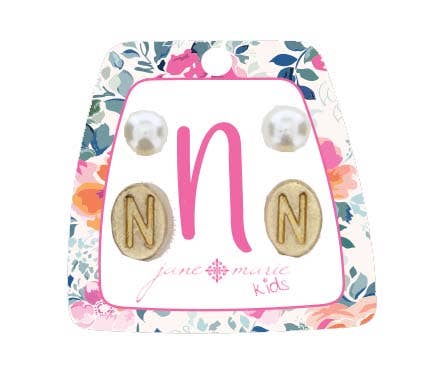 Kids Gold "N" Initial with Pearl Stud Earring