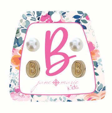 Kids Gold "B" Initial with Pearl Stud Earring