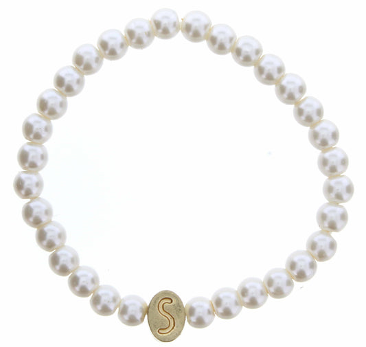 Kids Gold "S" Initial on Pearl Strand Bracelet