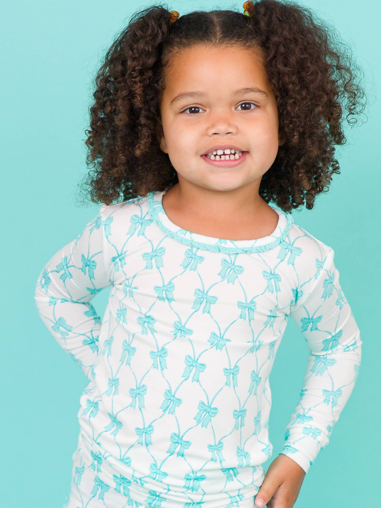 Toddler Girls Teal Fairytale Bows Bamboo Viscose Ruffle Long Sleeve Pajama Set