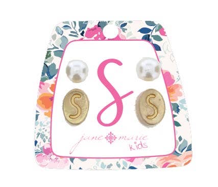 Kids Gold "S" Initial with Pearl Stud Earring