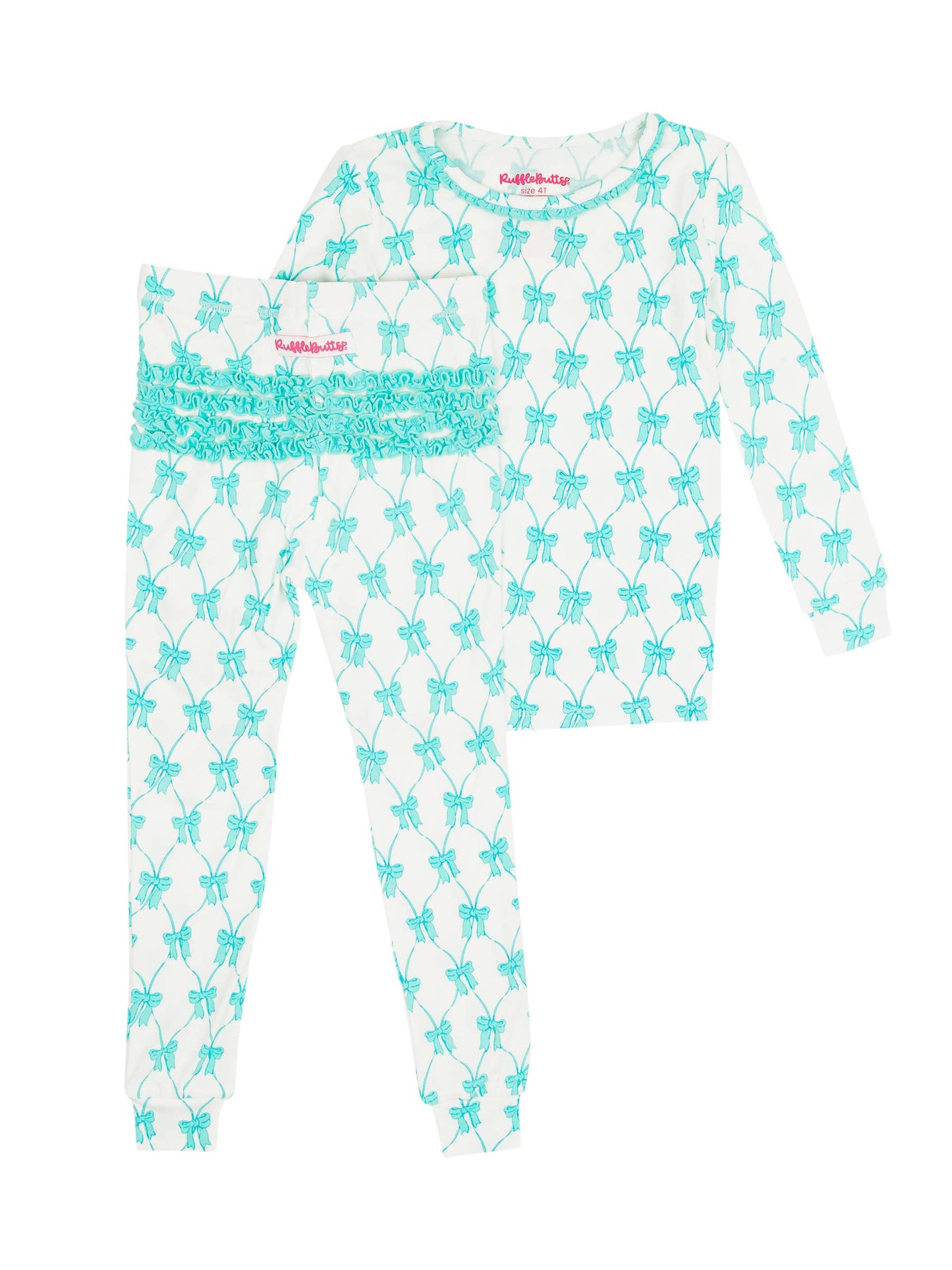 Toddler Girls Teal Fairytale Bows Bamboo Viscose Ruffle Long Sleeve Pajama Set