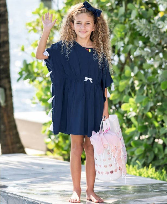 Girls Navy Tassel Kaftan Cover-Up