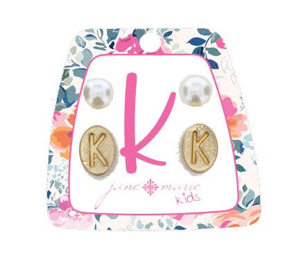 Kids Gold "K" Initial with Pearl Stud Earring