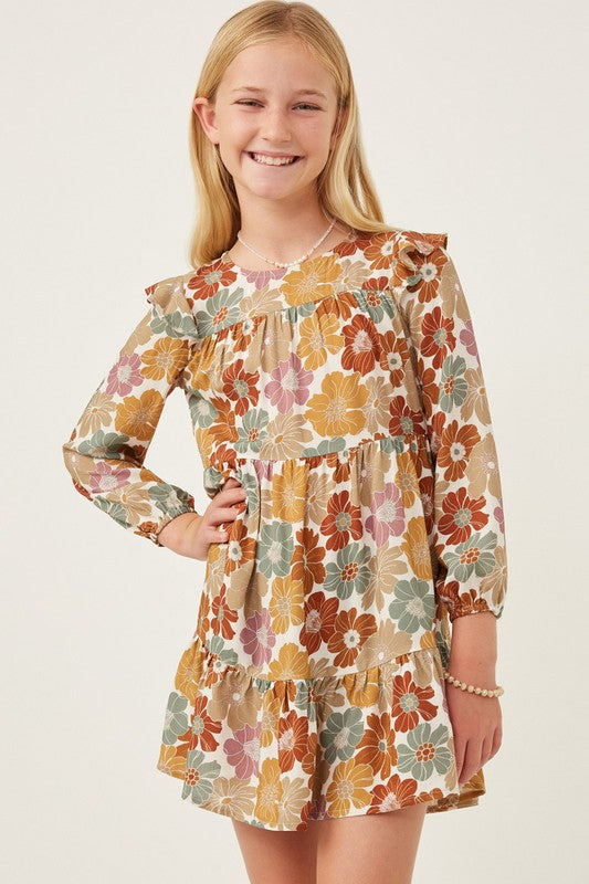 Fall floral ruffle shoulder dress