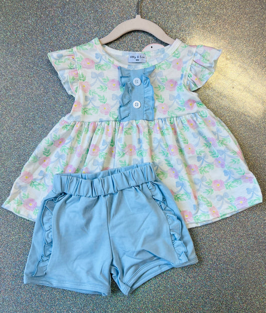 blue floral bow print set