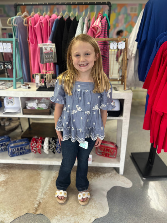 Girls Bow Embroidered Scallop Hem Peplum Top